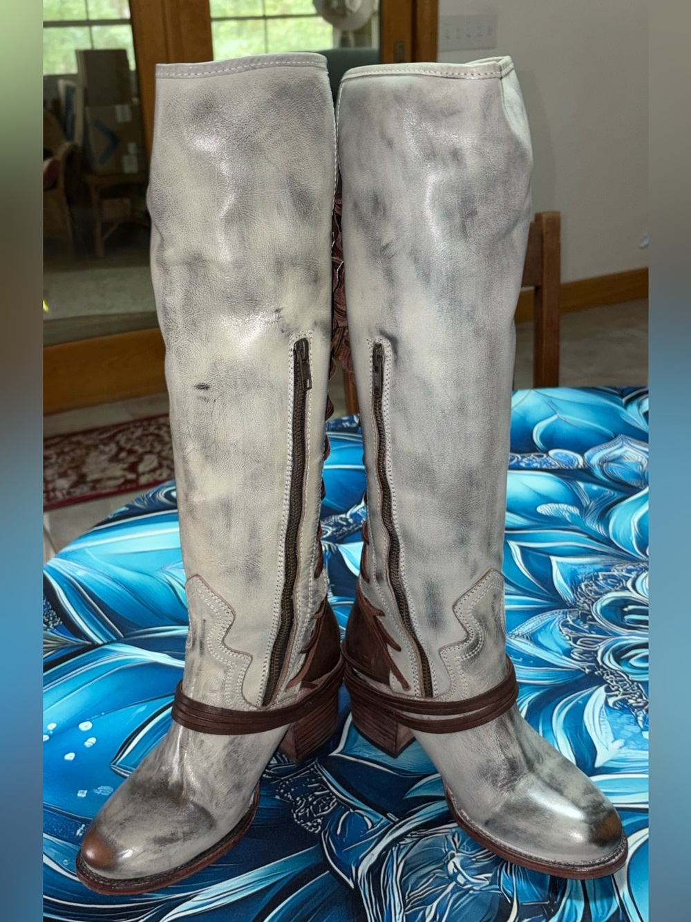 Freebird by Steven Distressed Ice Gray Knee Boots with Brown Accents size 8